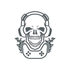 gamer skull head logo with headphones esports, with joystick fire