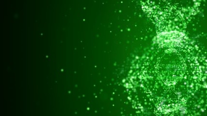 Rotation of digital DNA on abstract background with floating particles collecting genetic data and beaming green light. - Powered by Adobe