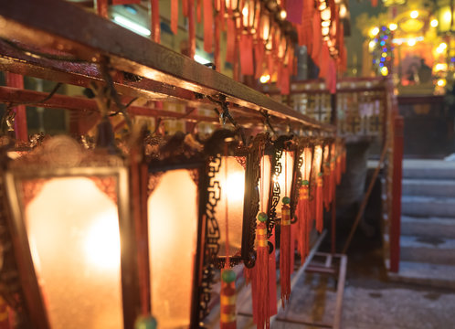 Close Up Chinese Lantern Glowing In Temple