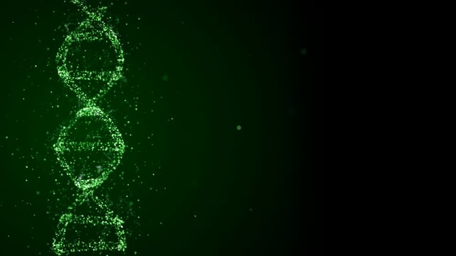 Abstract glittering DNA helix with depth of field rotating on the side of dark space background, emitting green light , then fades away.