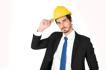  Young caucasian man engineer on the isolated white background, Engineering concept