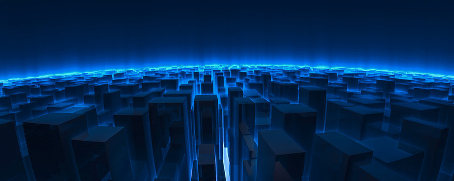 3d futuristic city background with blue light horizons