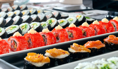 closeup japanese sushi food with soft-focus and over light in the background