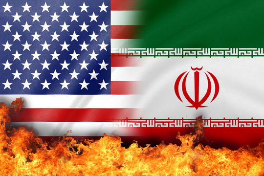 Background Of Half US Half Iran Rippled Flag On Fire