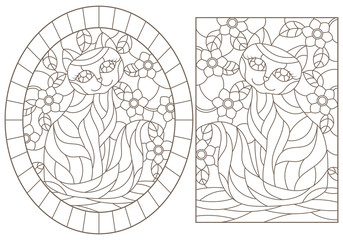 A set of contour illustrations of stained glass Windows with cats on a background of colors, dark contours on a white background