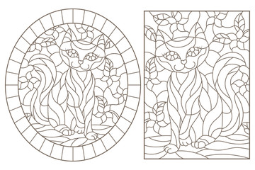 A set of contour illustrations of stained glass Windows with cats on a background of colors, dark contours on a white background © Zagory
