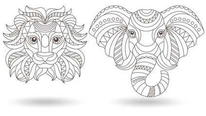 Set of contour illustrations of stained glass heads of an elephant and a lion, dark outlines on a white background