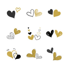 Set vector couple of heart hand-drawn black and gold color. Design element on white background for decorating Wedding card, Valentines' card, Various invitation cards.