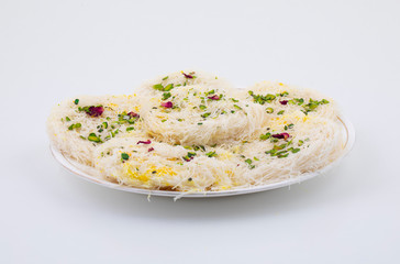 Indian Traditional Sweet Food Desi Ghee Ki Pheni Also Know as Sutarfeni, Firni, Seviyan, Laccha, Feni or Fini maid from maida, Sugar and Flavour