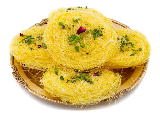 Indian Traditional Sweet Food Desi Ghee Ki Pheni Also Know as Sutarfeni, Firni, Seviyan, Laccha, Feni or Fini maid from maida, Sugar and Flavour
