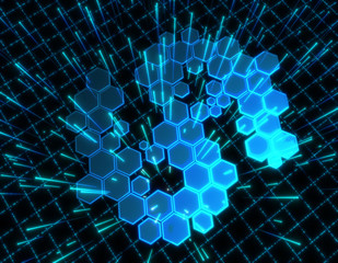 Dollar currency symbol consisting of hexagon graphics, technology financial security and information storage, network data