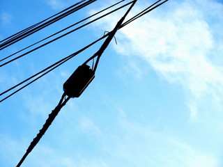 Closeup - Silhouette electric insulator on the guy wire Strain Insulator for preventing ground...