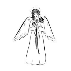 Angel with a flower. Graphic vintage linear drawing. Concept for religious holidays - Easter, Christmas. Biblical heavenly symbol of man with wings. Illustration for children's books, cards