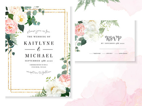 Retro Delicate Wedding Cards With Pink Watercolor Texture And Flowers