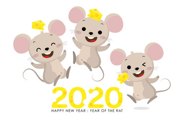 Happy new year 2020 greeting card with cute mouse and cheeses. Rat zodiac. Animal wildlife holidays cartoon character. Vector.