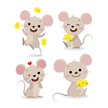 Cute mouse and cheese vector set. Little rat with food.  Animal wildlife cartoon character.