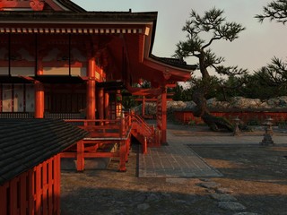 Japanese Shinto Shrine On the Sunset 3D Illustration