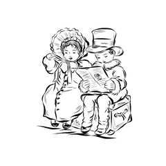 Girl and boy read a book, Little kid, vintage child, illustration for children's books