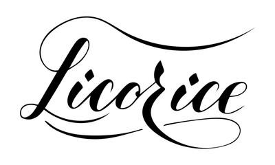 Vector hand written licorice text isolated on white background. Kitchen healthy herbs and spices for cooking. Script brushpen lettering with flourishes. Handwriting for banner, poster, product label