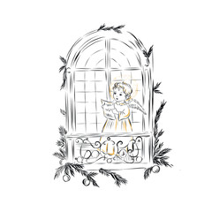 little child reads a letter while standing on a balcony by the window