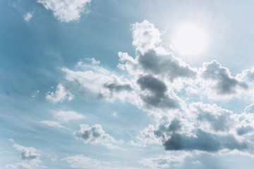 Blue sky with clouds and sun. Beautiful photo of the sun with clouds. The sun behind the clouds.