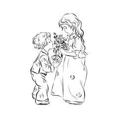 the boy gives the girl flowers, Little kid, vintage child, illustration for children's books