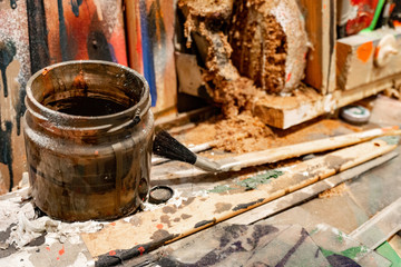 Artistic equipment. Brushes and paints for drawing. Items creativity.