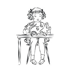 girl sewing, Little kid, vintage child, illustration for children's books