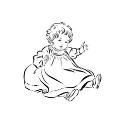 Little child in vintage clothes sitting on the floor. 