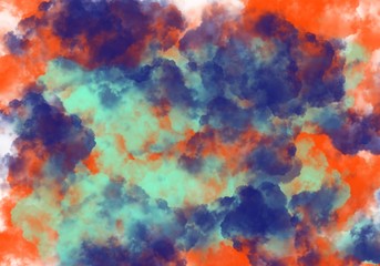 abstract orange blue green watercolor art stain painting ideas with splash stroke colorful shades background