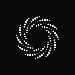 White halftone dots in spiral form. Geometric art. Design element for logo, border frame, sign, symbol, prints, web pages, template, tattoo, posters, monochrome pattern and abstract background