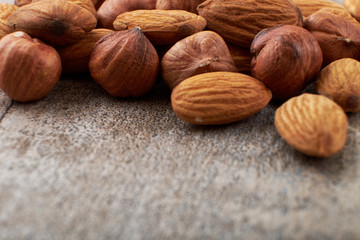 Mixed nuts Foundation-hazelnuts, walnuts, almonds - with copy space. The view from the top or laying flat