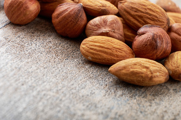 Mixed nuts Foundation-hazelnuts, walnuts, almonds - with copy space. The view from the top or laying flat