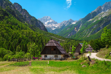 Fototapeta na wymiar Stunning alpine landscape with rural houses in Soca valley, Slovenia
