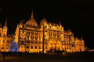 Fototapeta na wymiar Beautiful view of parliament building at night with blue christmas tree
