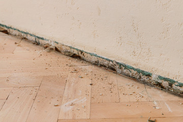 A broken floor strip between the parquet and the wall.