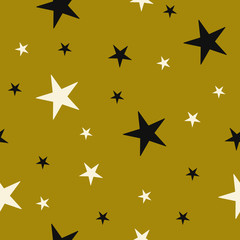 Seamless pattern with drawn stars. Vector Wallpaper White and black stars gold background.