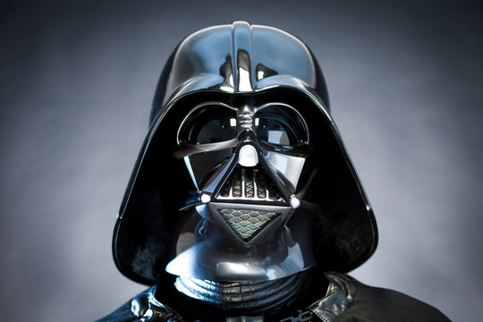 SAN BENEDETTO DEL TRONTO, ITALY. DECEMBER 5, 2014. Darth Vader helmet replica . Darth Vader or Dart Fener is a fictional character of Star Wars saga. Studio lights.