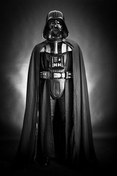 SAN BENEDETTO DEL TRONTO, ITALY. DECEMBER 5, 2014.Studio portrait of Darth Vader costume replica . Darth Vader or Dart Fener is a fictional character of Star Wars saga. Black and white picture