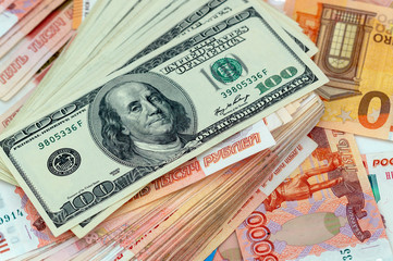 Fototapeta na wymiar dollars rubles euros close-up, cash