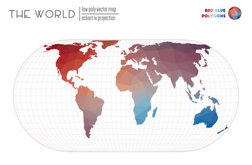 Abstract geometric world map. Eckert IV projection of the world. Red and blue colored polygons. Creative vector illustration.