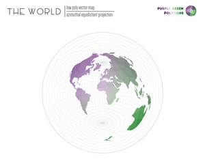 Triangular mesh of the world. Azimuthal equidistant projection of the world. Purple Green colored polygons. Neat vector illustration.