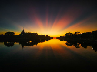 Sunset at the Mandalay Palace in Mandalay, Myanmar.
