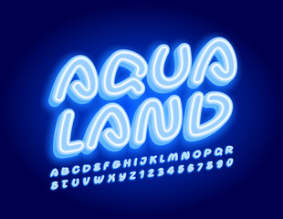 Vector Neon Emblem Aqua Land. Playful Electric Font. Blue glowing Alphabet Letters and Numbers.