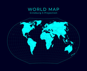 Map of The World. Ginzburg V projection. Futuristic Infographic world illustration. Bright cyan colors on dark background. Neat vector illustration.