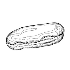 Fototapeta premium Eclair. Illustrations for coffee houses or cafes. Hand drawn vector illustration. Monochrome black and white ink sketch. Isolated on white background. Coloring page.
