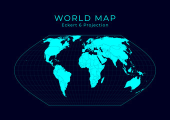Map of The World. Eckert VI projection. Futuristic Infographic world illustration. Bright cyan colors on dark background. Awesome vector illustration.