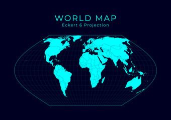 Map of the World. Eckert VI projection. Futuristic Infographic world illustration. Bright cyan colors on dark background. Awesome vector illustration.