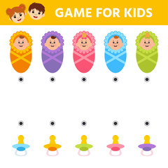 Education logic game for preschool kids. Kids activity sheet. find color matching. Baby. Children funny riddle entertainment. Vector illustration