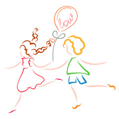  boy and a girl run or dance with a balloon that says Love